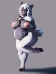  3:4 anthro big_breasts black_nose bovid breasts caprine female general-irrelevant grey_background grey_body hair hand_on_stomach hi_res mammal navel nude on_one_leg pregnant red_eyes sheep simple_background smile solo standing white_hair 