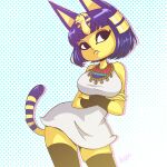  2021 animal_crossing ankha_(animal_crossing) anthro blue_hair bob_cut breasts clothing crossed_arms dancing domestic_cat dress egyptian felid feline felis female fur hair looking_at_viewer mammal markings nintendo purrnyia_purr ring_(marking) ringtail short_hair solo tail_markings video_games yellow_body yellow_fur 