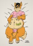  4_toes 5_fingers anthro barefoot bed bedroom_eyes belly belly_grab big_belly bulge canid canine claws clothed clothing digital_media_(artwork) eyewear feet fingers fur furniture glasses gluttony hair hi_res kaiipwilde_(artist) male mammal narrowed_eyes navel overweight overweight_anthro overweight_male paws raised_clothing raised_shirt raised_topwear rumbling_stomach seductive shirt solo sound_effects toes topwear underwear 