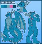  3_toes absurd_res anthro blue_background blue_body blue_eyes butt chaosguts claws dragon facial_horn feet finger_claws hi_res horn ivlephisto male membrane_(anatomy) membranous_wings model_sheet nose_horn simple_background smile solo spade_tail stripes teeth toe_claws toes wings 