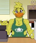  2021 4_fingers android anthro anthrofied apron apron_only avian beak belly big_breasts bird breasts chica_(fnaf) chicken clothing eyebrows eyelashes feathers female fingers five_nights_at_freddy&#039;s galliform gallus_(genus) half_naked hi_res holding_notebook holding_object holding_pen i_mean_breast_milk lagomorph looking_at_viewer machine mammal meme mostly_nude nipples non-mammal_breasts nude orange_beak overweight overweight_anthro overweight_female pen phasianid purple_eyes robot smile thevgbear video_games wide_hips winged_arms wings yellow_body yellow_feathers yellow_nipples yellow_pubes 