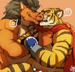  ! &lt;3 2014 anthro blush bodily_fluids build_tiger build_tiger_(character) bulge cape clothed clothing dragon duo ear_piercing felid felixfellow french_kissing hair kissing long_hair male male/male mammal muscular pantherine piercing saliva sweat sweatdrop tiger topless woo_long 