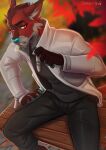  2021 5_fingers anthro canid canine clothed clothing digital_media_(artwork) eyebrows eyelashes fingers fur kammi-lu male mammal red_body red_eyes red_fur 
