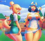  2021 animal_crossing ankha_(animal_crossing) anthro big_breasts blonde_hair blue_hair bottomwear breasts bridge building butt canid canine canis clothing cloud day domestic_dog duo felid female fur furzota grass hair hi_res house isabelle_(animal_crossing) looking_at_viewer mammal markings mummy_wrappings nintendo open_mouth outside paw_pose plant pose presenting presenting_hindquarters short_hair skirt street_lamp striped_markings striped_tail stripes tail_markings tail_motion tailwag video_games water yellow_body yellow_fur 