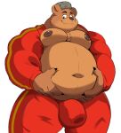  2021 anthro balls_outline belly bottomwear brown_body brown_fur bulge clothing fur genital_outline hat headgear headwear hi_res humanoid_hands male mammal moobs navel nipples overweight overweight_male pants penis_outline simple_background smashbeaw solo ursid white_background 