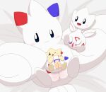  absurd_res bed blush female furniture genitals group hi_res lying minami_(artist) nintendo on_back on_bed pok&eacute;mon pok&eacute;mon_(species) presenting presenting_pussy pussy spread_pussy spreading take_your_pick togekiss togepi togetic video_games 