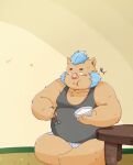  2021 anthro belly bottomwear brown_body clothing eating food ginsingoo1 gouryou humanoid_hands kemono lifewonders male mammal overweight overweight_male shirt shorts simple_background sitting solo suid suina sus_(pig) tokyo_afterschool_summoners topwear video_games wild_boar 