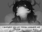  4:3 anthro antlers dialogue english_text female feral fish general-irrelevant hair horn hybrid looking_at_viewer marine meme mits_(character) monochrome smile solo text wings 