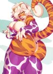  5_fingers animal_print anthro areola areola_slip armwear big_breasts big_butt bikini braided_hair breasts bridal_gauntlets butt buxbi buxbi_(character) clothed clothing collar cow_print cowbell curvy_figure felid female fingers fur hair hand_on_butt highlights_(coloring) legwear long_hair looking_at_viewer looking_back mammal multicolored_body multicolored_fur open_mouth orange_body orange_fur pantherine portrait purple_highlights rear_view signature solo standing stockings striped_body striped_fur stripes swimwear thick_thighs thigh_highs three-quarter_portrait tiger voluptuous white_body white_fur white_hair yellow_eyes 