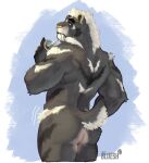  anthro beverage black_body black_fur bluesh butt felid fur hair hi_res jacob_(bluesh) looking_at_viewer looking_back machairodontine male mammal markings muscular muscular_male nude rear_view redraw short_tail slushie solo tusks white_body white_fur white_hair white_markings yellow_nose 