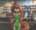  5_fingers ? anthro apogee_(tinygaypirate) apron apron_only arm_tuft black_nose breasts brown_body brown_eyes brown_fur brown_hair canid canine canis cheek_tuft clothing container cowlick cup curled_tail detailed_background dialogue domestic_dog ear_piercing english_text eyebrow_through_hair eyebrows facial_markings facial_piercing facial_tuft female fingers floppy_ears fur furgonomics furry-specific_piercing hair head_markings hi_res holding_cup holding_object holding_pen i_mean_breast_milk long_hair looking_at_viewer mammal markings meme messy_hair mostly_nude muzzle_piercing nose_piercing open_mouth pen photo piercing raised_eyebrow real slim solo spitz standing text tinygaypirate translucent translucent_hair tuft 