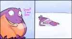  2019 anthro breath clothed clothing coat cobra english_text fangs female hi_res humor keeshee lying ncs on_front open_mouth outside purple_body reptile scalie smile snake snake_hood snow snowing solo text toony topwear 