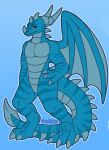  3_toes anthro blue_background blue_body blue_eyes chaosguts claws dragon facial_horn feet finger_claws hi_res horn ivlephisto male membrane_(anatomy) membranous_wings model_sheet nose_horn simple_background smile solo spade_tail stripes teeth toe_claws toes wings 