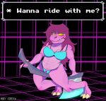  absurd_res axe bodily_fluids claws clothing deltarune female fluffybardo freckles genital_fluids hi_res melee_weapon pussy_juice scalie solo susie_(deltarune) text undertale_(series) video_games weapon 