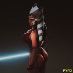  2021 absurd_res ahsoka_tano alien alien_humanoid big_breasts blue_eyes breasts butt cleavage cleavage_cutout clothed clothing eyelashes female fingerless_gloves gloves handwear hi_res humanoid lekku_(anatomy) leotard lightsaber looking_at_viewer melee_weapon not_furry nsfw_pyro orange_body orange_skin solo star_wars togruta weapon 