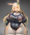  absurd_res anthro big_breasts blonde_hair breasts cleavage clothed clothing curvy_figure female hair hi_res holding_breast huge_breasts lagomorph leporid looking_at_viewer mammal one-piece_swimsuit rabbit solo standing swimwear thick_thighs utterangle voluptuous wide_hips 