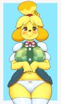  2021 absurd_res animal_crossing anthro blue_background blush bottomwear breasts canid canine canis clothed clothing clothing_lift domestic_dog female hi_res isabelle_(animal_crossing) legwear looking_at_viewer mammal nintendo ooomaybeitscake panties portrait shih_tzu simple_background skirt skirt_lift smile solo thigh_highs three-quarter_portrait toy_dog underwear video_games white_panties yellow_body 