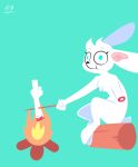  absurd_res ambiguous_gender anthro blood bodily_fluids campfire chest_tuft fire fur gesture hi_res hydrabb lagomorph leporid log mammal middle_finger rabbit sitting solo tuft white_body white_fur wood 