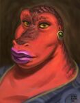  2021 anthro big_mouth_(anatomy) blue_clothing blue_topwear clothing dinosaur dyna_soar ear_piercing ear_ring expressionism eyelashes female glistening glistening_lips headshot_portrait hi_res jewelry lips lipstick looking_at_viewer makeup overweight painting_(artwork) piercing pink_lipstick portrait red_body red_scales red_skin reptile saurian_(disambiguation) scales scalie signature simple_background smile solo thick_lips three-quarter_portrait topwear traditional_media_(artwork) yellow_eyes 
