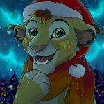  aurora_borealis christmas christmas_clothing christmas_headwear christmas_lights christmas_tree clothing cute_expression eos_(tigerriser) felid felidae feral flame_markings happy_holidays hat headgear headwear holidays icon lion lion_cub lynxbrush male mammal markings northern_hemisphere open_mouth open_smile pantherine plant santa_hat smile snow snowfall snowing solo the_lion_king_(original_character) tree 