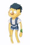  absurd_res arefeetshoes blue_hair clothing don&#039;t_hug_me_i&#039;m_scared frown hair hi_res looking_away male muppet muppets overalls puppet simple_background solo white_background worried yellow_body yellow_guy_(dhmis) yellow_skin young 