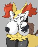  anthro armor belly big_breasts blush braixen breast_grab breasts canid canine curvy_figure eyelashes female fluffy fluffy_tail fur hand_on_breast headgear helmet hi_res huge_breasts human hyper hyper_breasts inner_ear_fluff male male/female mammal navel neck_tuft nintendo pok&eacute;mon pok&eacute;mon_(species) simple_background snout thick_thighs tuft vf-01s video_games voluptuous white_body white_fur wide_hips yellow_body yellow_fur 
