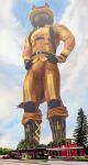  2021 absurd_res anthro armor boots bottomwear building bulge canid canine canis clothing dakota_(rockwolf) fire_engine firefighter footwear hands_on_hips headgear helmet hi_res looking_at_viewer looking_down macro male mammal pants plant plantigrade solo station thb886 tree truck_(vehicle) uniform vehicle visor wolf 