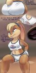  1:2 2021 absurd_res anthro bodily_fluids breast_vore breasts butt butt_smother clothed clothing dialogue digital_media_(artwork) english_text facesitting female gloves hair handwear hi_res izzyrain lagomorph leporid lola_bunny long_ears looney_tunes macro mammal micro musk navel rabbit sitting smothering sweat text vore warner_brothers 