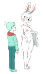  2016 4_fingers ambiguous_gender anthro apron apron_only blush bodily_fluids breasts clothed clothing crookedtrees crotch_tuft duo female fingers fur genitals green_clothing green_eyes hi_res human lagomorph larger_anthro larger_female leporid looking_at_another mammal mostly_nude nude pussy rabbit simple_background size_difference smaller_ambiguous smaller_human standing sweat tuft white_background white_body white_fur 