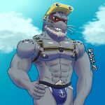  1:1 anthro clothing eyewear goggles harness hi_res jockstrap male mammal marine muscular muscular_male my_hero_academia pinniped pinup pose seal selkie_(my_hero_academia) simple_background sky solo solo_focus spotted_seal streif tagme underwear 
