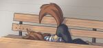  anthro apogee_(tinygaypirate) ass_up bleachers bottomwear brown_body brown_fur brown_hair butt canid canine canis clothing domestic_dog female fur hair hi_res long_hair lying mammal midriff on_front pants raised_tail shadow shirt solo spitz tinygaypirate topwear 