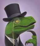  claws clothing dinosaur dromaeosaurid eyewear feral green_body green_scales hat headgear headwear male meme monocle necktie philosoraptor reptile scales scalie solo teeth thazumi theropod top_hat velociraptor yellow_eyes 