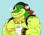  2021 anthro blue_background crocodile crocodilian crocodylid green_body headphones humanoid_hands lewdookami male muscular muscular_male one_eye_closed reptile scalie sega simple_background solo sonic_the_hedgehog_(series) vector_the_crocodile wink 