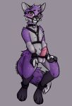  2021 ankle_cuffs anthro balls bdsm blush blvejay bondage bound canid canine collar cuffs_(clothing) embarrassed erection genitals harness humanoid_genitalia humanoid_penis looking_at_viewer male mammal muzzle_(object) penis restraints shackles shaded simple_background solo wrist_cuff 