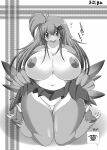  accessory anthro areola avian beak big_breasts biped bird bottomwear breasts clothed clothing clothing_lift exposed_breasts female genitals hair hair_accessory hairclip monochrome nipples no_underwear non-mammal_breasts pussy skirt skirt_lift solo text translated wide_hips ymbk 