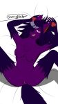  absurd_res anthro breasts canid canine female fur genitals hi_res mammal nude pink_eyes purple_body purple_fur pussy solo tongue 