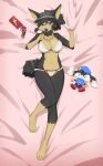  2021 anthro bed bed_sheet bedding big_breasts black_body black_fur black_hair blue_eyes bra breasts brown_body brown_fur candy canid canine canis clothing crossgender dessert elbow_tufts eyebrows eyelashes feet female food fur furniture gloves_(marking) gun guntz hair handgun hi_res humanoid_feet klonoa klonoa_(series) leg_markings lollipop looking_at_viewer mammal markings mtf_crossgender navel neck_tuft oppaihobby panties plantigrade plushie ranged_weapon socks_(marking) solo tuft underwear video_games weapon white_bra white_clothing white_panties white_underwear wolf 