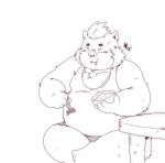  2021 anthro belly bottomwear clothing eating food ginsingoo1 gouryou hi_res humanoid_hands kemono lifewonders male mammal overweight overweight_male shirt shorts simple_background sitting solo suid suina sus_(pig) tokyo_afterschool_summoners topwear video_games white_background wild_boar 