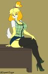  2019 absurd_res animal_crossing anthro bell breasts canid canine canis clothed clothing domestic_dog dynamictrigger22 female fingers fur hi_res high_heels isabelle_(animal_crossing) legwear mammal nintendo shih_tzu solo toy_dog video_games yellow_body yellow_fur 
