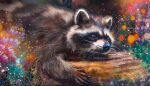  absurd_res ambiguous_gender black_nose brown_body brown_fur claws feral flower fluffy fur glowing hi_res itskrolja lying mammal on_front plant procyonid raccoon solo whiskers 