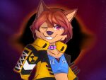  anthro black_hole bust_portrait canid canine canis clothed clothing collar female grin hair jacket mammal open_clothing open_jacket open_topwear portrait red_hair smile solo space topwear winnifred_jones wolf worsh 