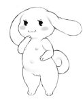  2016 anthro black_and_white crookedtrees curled_tail female flat_chested floppy_ears genitals hand_on_cheek lagomorph leporid looking_at_viewer mammal monochrome navel nipples noseless pussy rabbit short_stack simple_background solo standing unknown_species white_background 