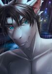  2021 black_hair blue_eyes detailed_background digital_media_(artwork) dragon ear_piercing ear_ring eyebrows eyelashes hair hi_res lesspie male night outside piercing 