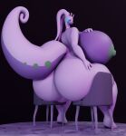  3d_(artwork) anthro areola big_breasts big_butt blender_(software) blush breasts butt carpet darkdraketom digital_media_(artwork) female furniture_damage goodra green_areola green_eyes green_nipples hand_on_breast hand_on_butt huge_butt nintendo nipples overweight pok&eacute;mon pok&eacute;mon_(species) purple_body simple_background sitting solo video_games 