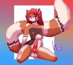  ailurid animal_genitalia animal_penis anthro balls canine_penis cel_shading digital_media_(artwork) erection fluffy fluffy_tail fur genitals girly gradient_background gynomorph_(lore) hair herm_(lore) hi_res kneeling knot male mammal nipples nude penis raised_tail red_panda scotch_bonnet shaded signature simple_background smug_face solo worsh 