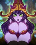  4:5 absurd_res big_breasts breasts cleavage clothed clothing female freckles green_eyes hair hi_res huge_breasts humanoid league_of_legends lulu_(lol) pouting purple_body purple_hair purple_skin riot_games short_stack solo tenjosan thick_thighs video_games wide_hips yordle 