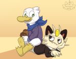  anatid anseriform anthro avian bird buckoguy duck duo male meowth nintendo pok&eacute;mon pok&eacute;mon_(species) sitting tay_vee video_games 