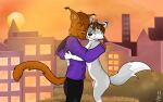  2021 anthro anthro_on_anthro bis_(mrbishead) bitesy black_bottomwear black_clothing black_nose black_pants bottomwear brave_(dbravefurry113) brown_body brown_fur brown_hair canid canine canis caracal caracal_(genus) casual_nudity city clothed clothed/nude clothed_male_nude_male clothing duo embrace felid feline fur genitals grey_body grey_fur hair hi_res hoodie hug male male/male mammal nude nudist outside pants penis pink_penis purple_clothing purple_topwear sunset topwear wolf 