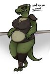  2021 3_toes 4_fingers anthro argonian armor barefoot belly bethesda_softworks big_breasts breasts cleavage clothed clothing deeja dialogue english_text feet female fingers full-length_portrait green_body green_scales hi_res horn huge_breasts midriff narrowed_eyes navel ncs non-mammal_breasts overweight overweight_anthro overweight_female pauldron portrait pupils scales scalie scar skyrim slit_pupils solo speech_bubble standing talking_to_another text the_elder_scrolls thick_thighs toes video_games yellow_eyes 