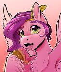  absurd_res bodily_fluids chest_tuft dessert doughnut equid equine food green_eyes hair hasbro headpiece hi_res licking_food looking_at_viewer mammal mlp_g5 my_little_pony open_mouth outstretched_arm pegasus pipp_petals_(mlp) purple_hair saliva selfie tongue tongue_out tuft unfinishedheckery wings 